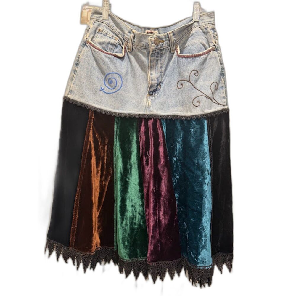 Faded Glory VTG Y2K Upcycled Skirt 10 P Velvet Patchwork Embroidered Whimsygoth